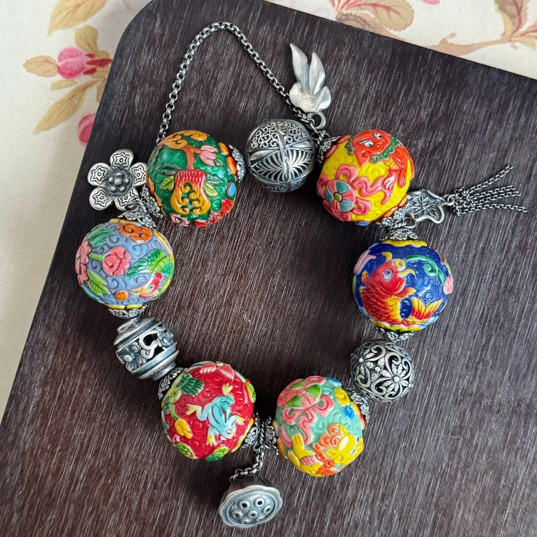 老琉璃雕刻珠银饰手串25mm 5111801