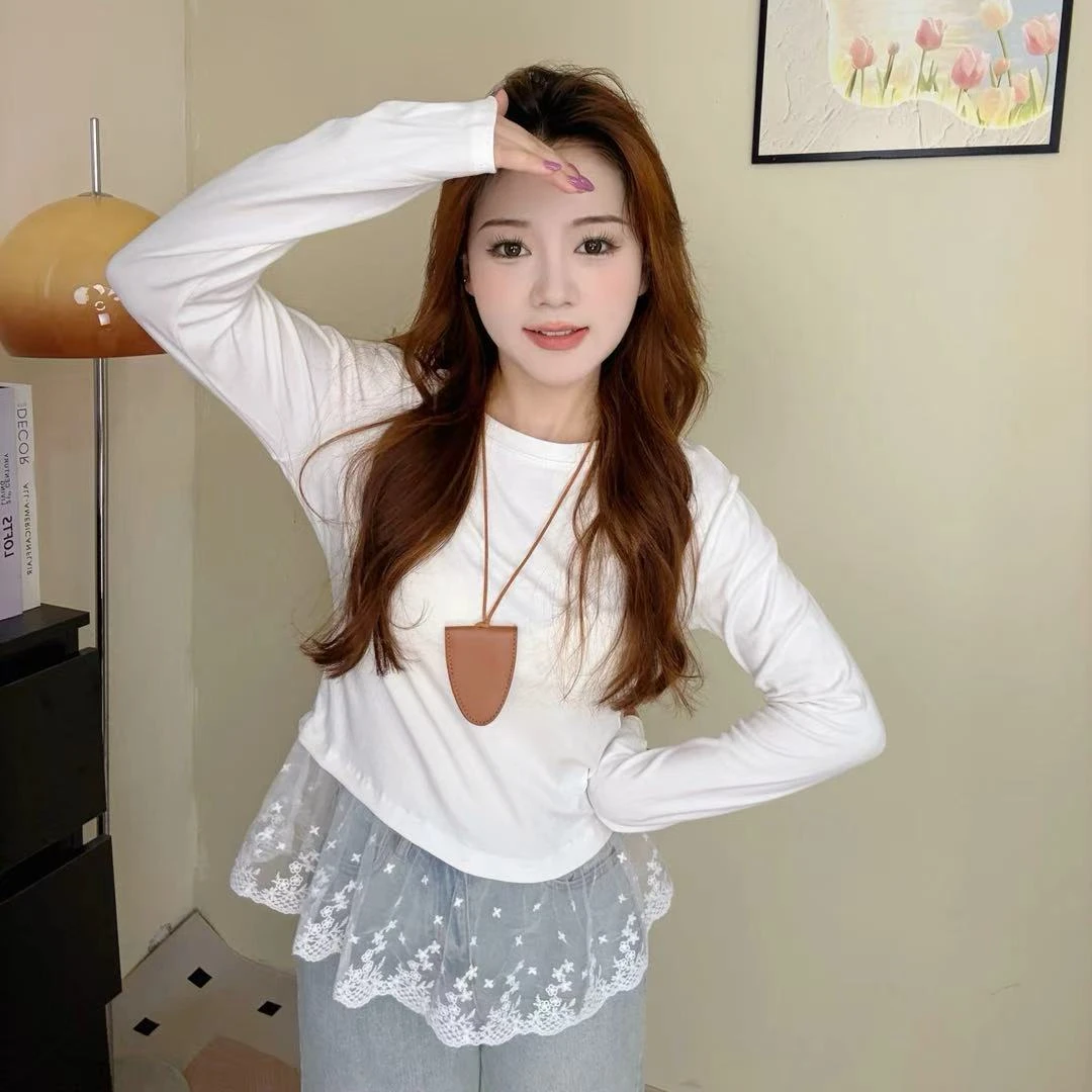 小个子定制设计感拼接蕾丝下摆内搭白色百搭长袖打底衫新款上衣女