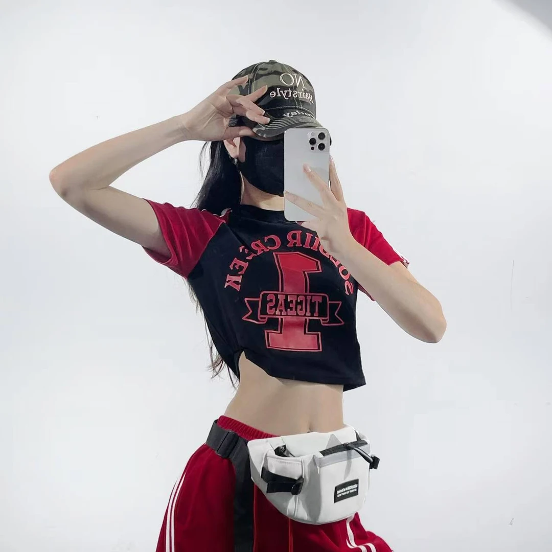 撞色拼接插肩袖短袖t恤韩版潮流爆款设计感字母修身夏女款上衣