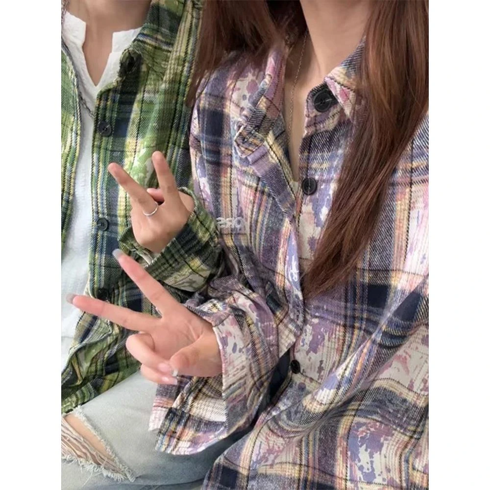 粉紫色扎染格子衬衫男女款秋慵懒风长袖衬衣美式复古vintage外套