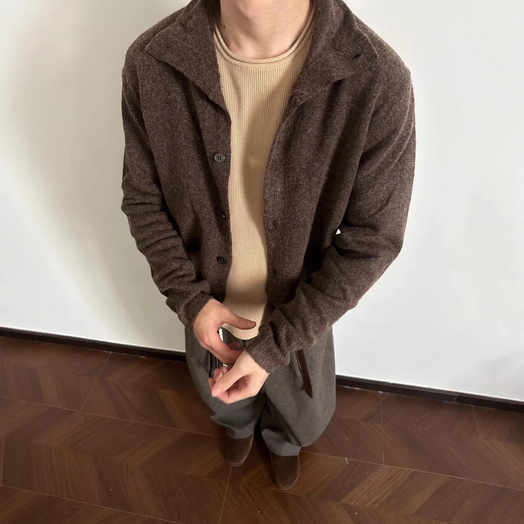 老钱风咖色混纺半高领毛衣开衫男款秋季秋季男士咖色混纺毛衣开衫