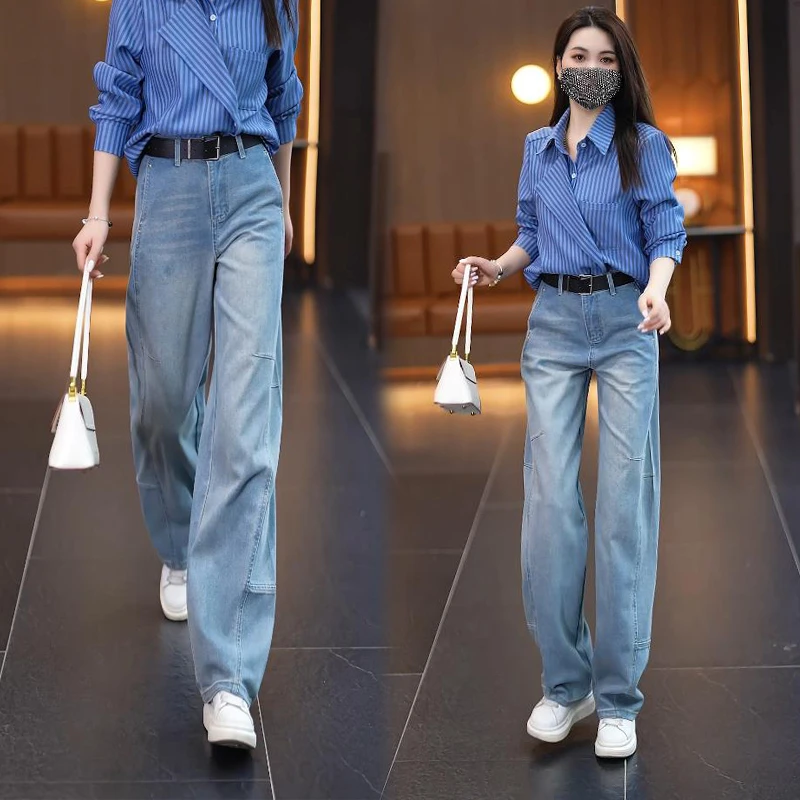 【赠腰带】显瘦牛仔牡丹弯刀裤女2025新款春夏显瘦时尚百搭宽松裤子