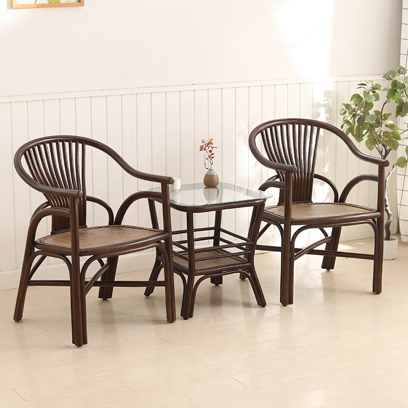 新款胡桃复古老人椅套装 经典休闲藤椅阳台户外藤编太师椅三件套
