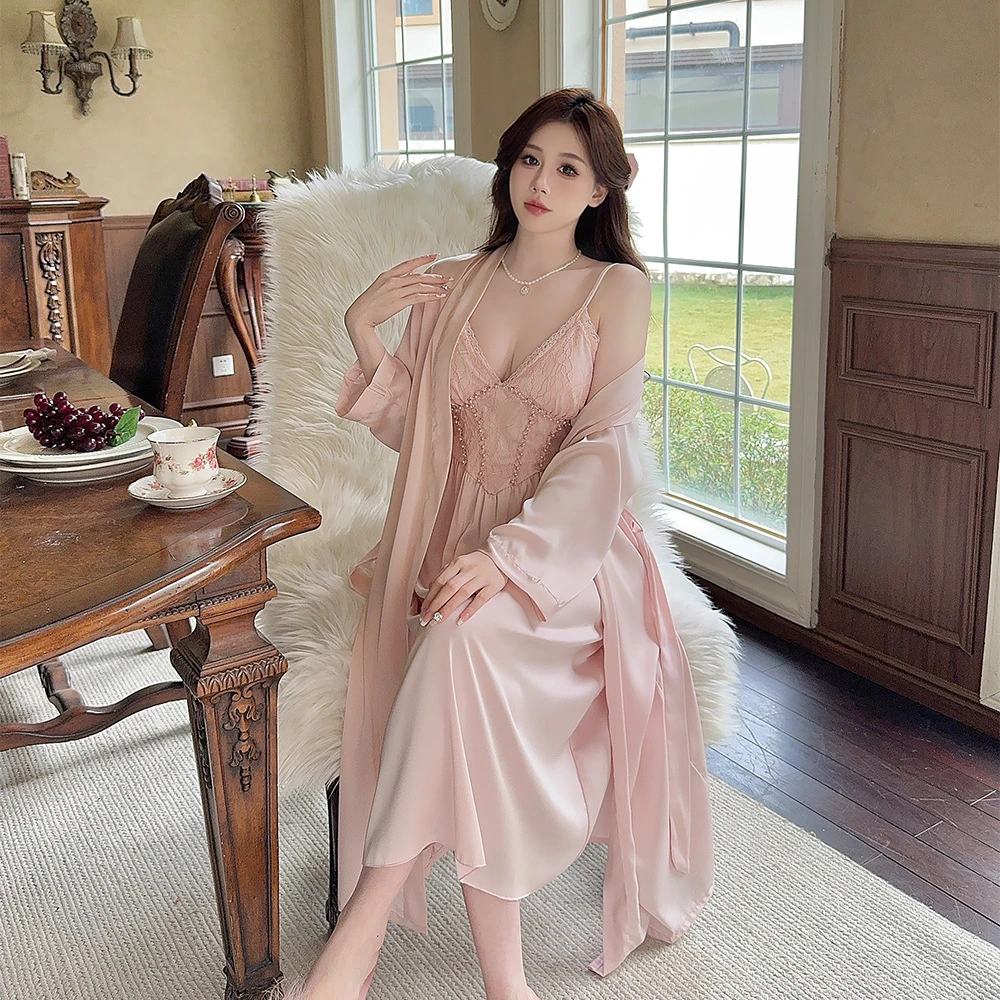 2025新款睡衣女春夏冰丝轻奢女神气质吊带外袍长款睡裙带胸垫