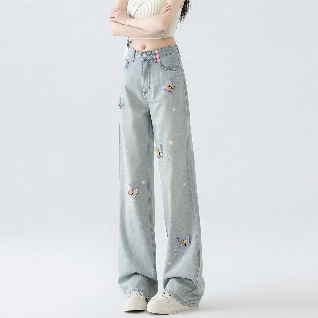 i.t ccaabb女装蝴蝶贴布牛仔裤女款宽松阔腿裤长裤CABJNX0005390