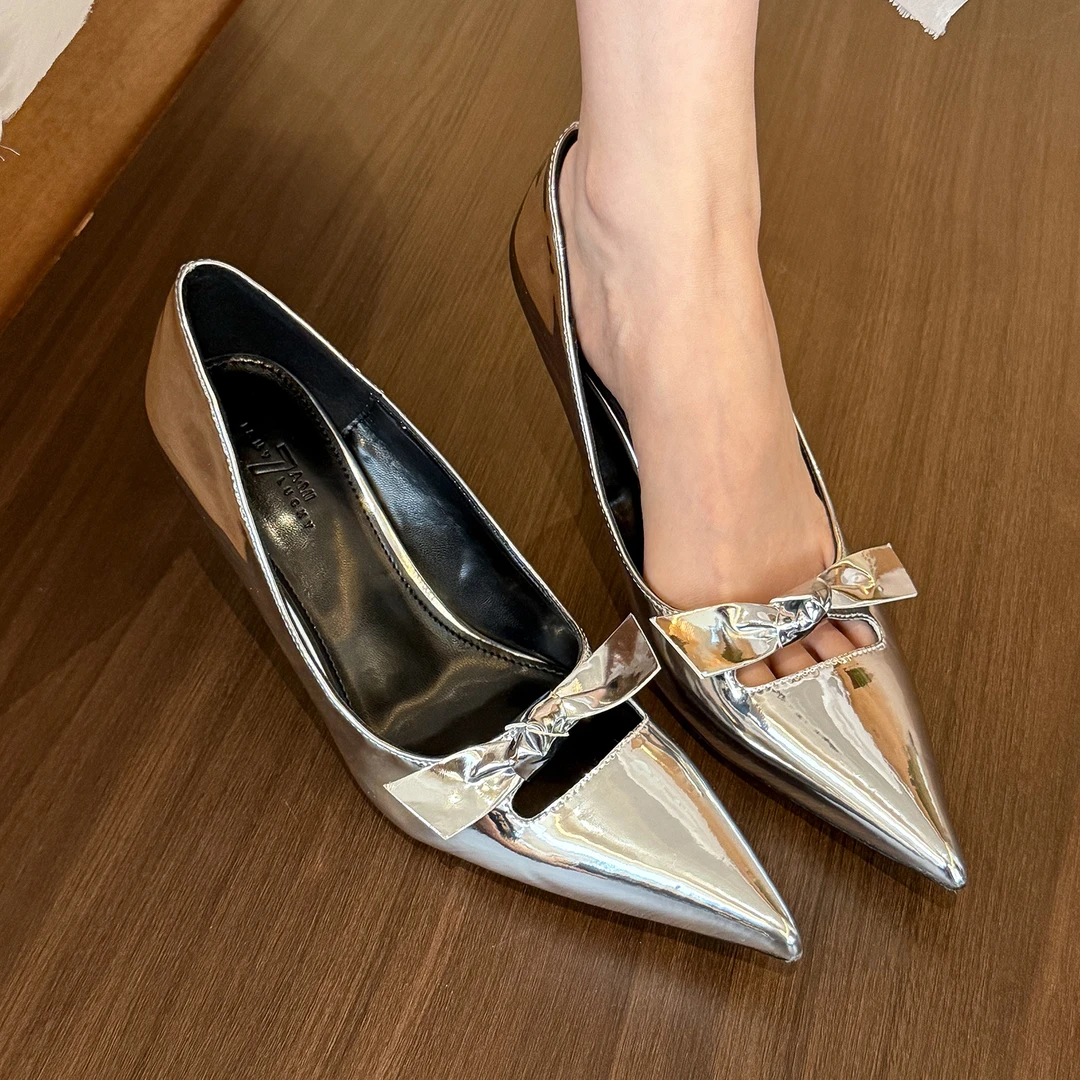 elingstudio 清冷贵气！高级银色尖头蝴蝶结高跟鞋女百搭浅口单鞋