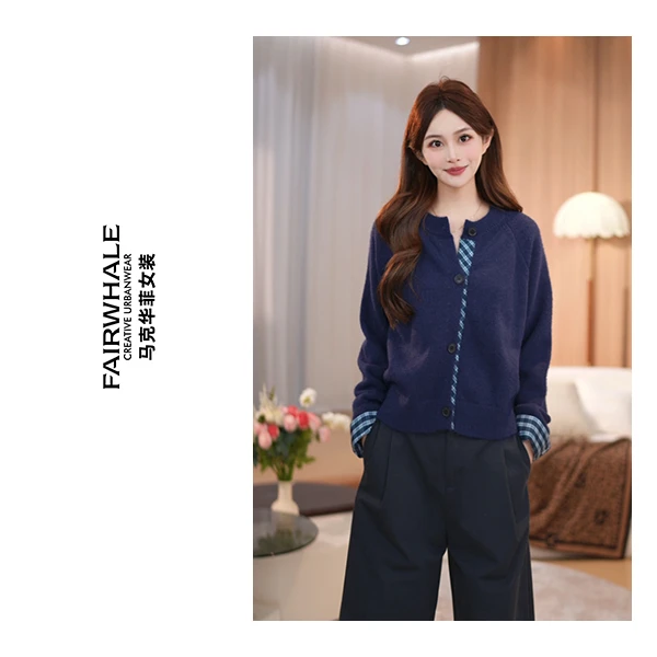 马克华菲女装短款时尚休闲百搭宽松圆领秋冬撞色针织衫0927-01 qq