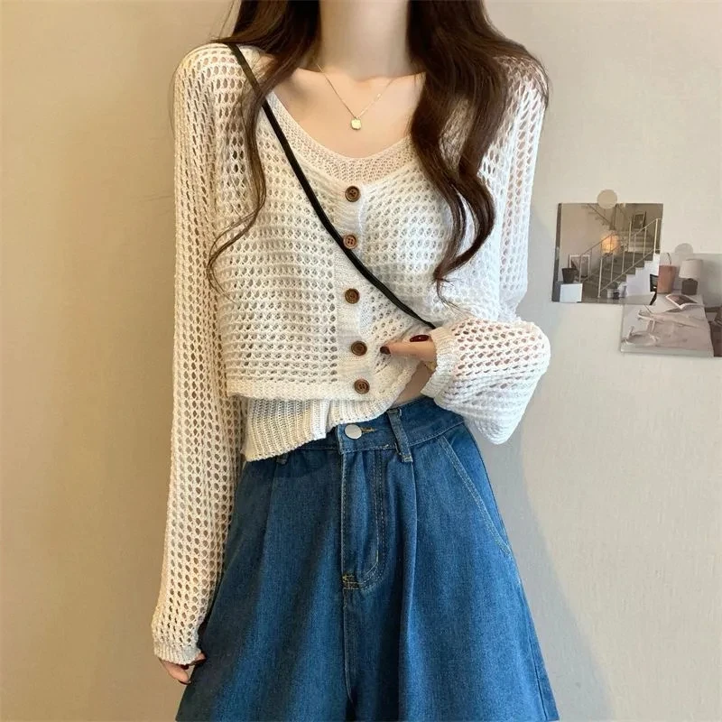 新品防晒辣妹镂空设计针织衫春夏季2025新款修身小众百搭罩衫套装