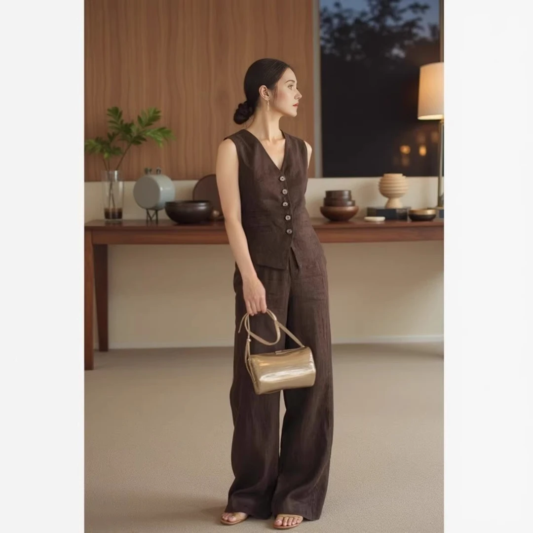 高端亚麻套装女夏季法式复古老钱风轻奢亚麻西装马甲阔腿裤两件套