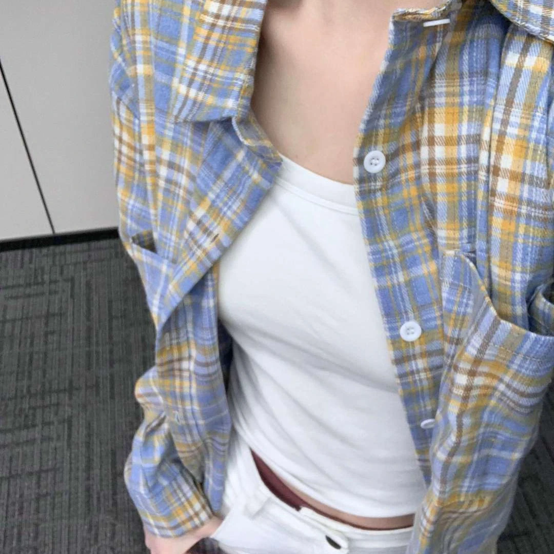 开衫新款复古破坏格子衬衫男女款2025年设计感毛边衬衣长袖外套潮