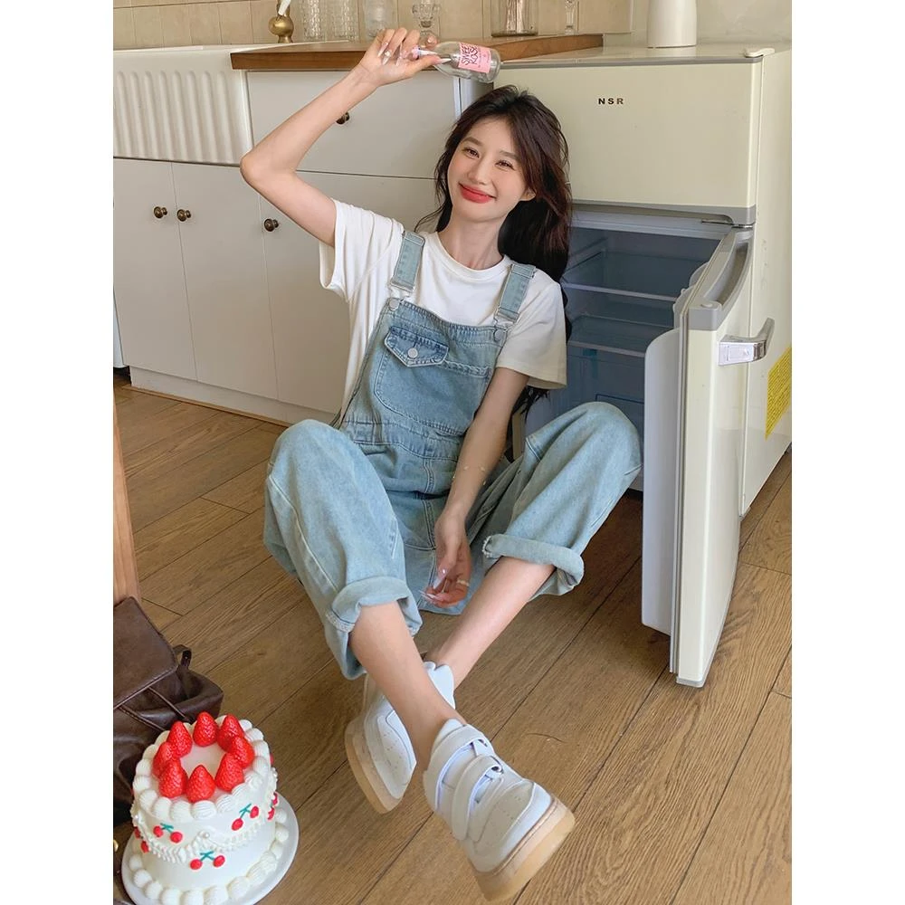 韩系小个子浅色牛仔背带裤女2025夏季新款时尚减龄百搭高腰直筒裤