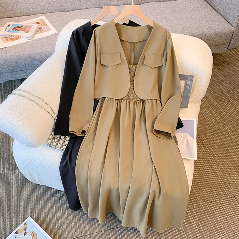 韩系穿搭简约大码遮肉两件套a字裙女春秋个性耐看纯色中长款裙子