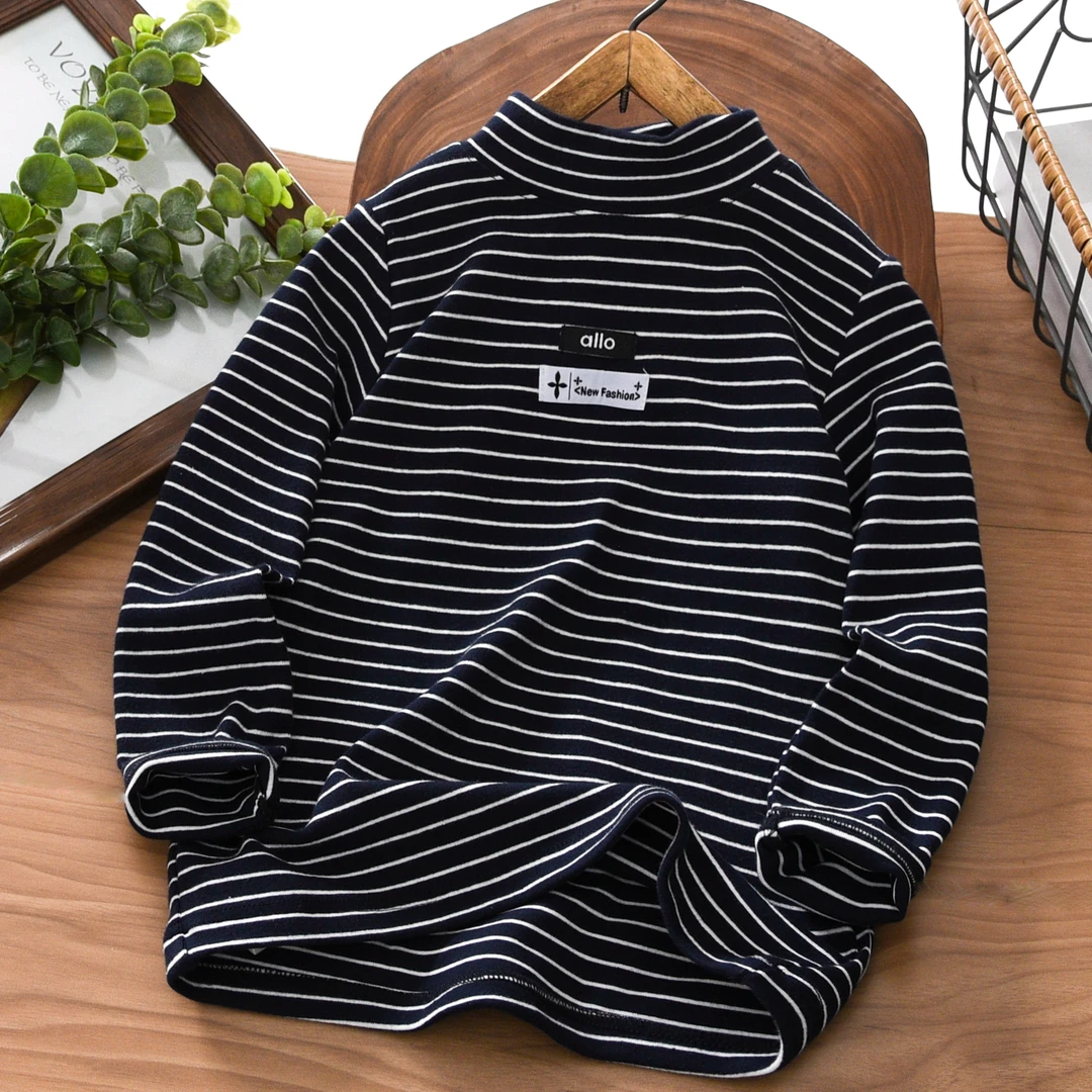 男童长袖体恤秋冬季2025新款中大童高弹针织儿童装休闲条纹长袖潮