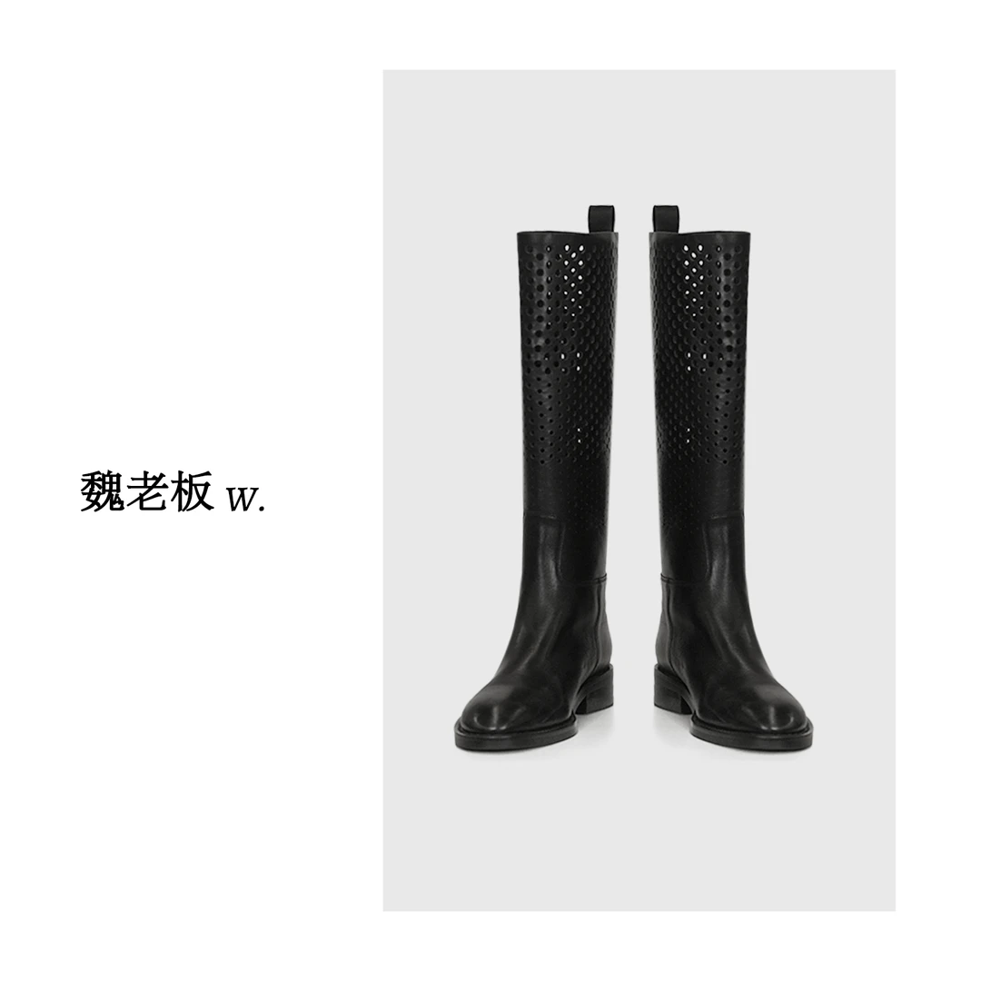 W.Diva【夜莺渡】羊皮革时尚镂空黑色百搭长筒靴高筒靴女50X161760