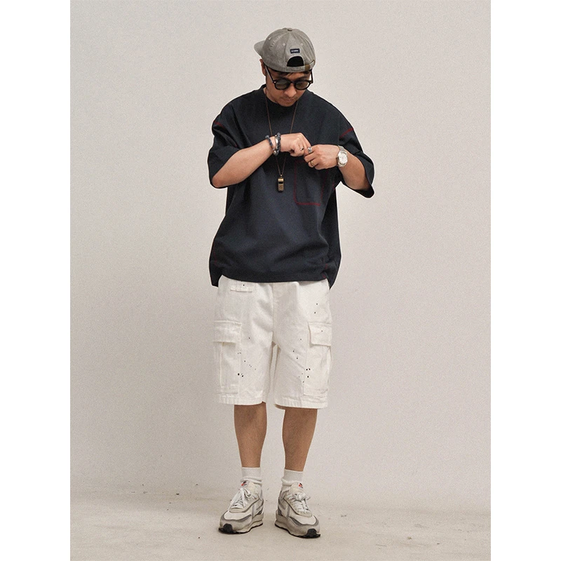 380克重磅全棉！夏季廓版宽松复古辑明线基础口袋纯色百搭短袖T恤