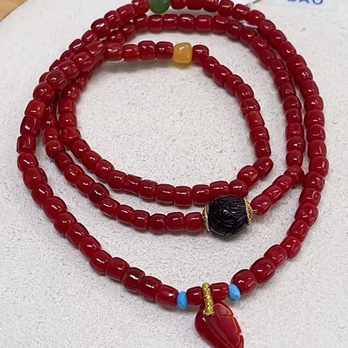 天然珊瑚牛血色桶珠手链