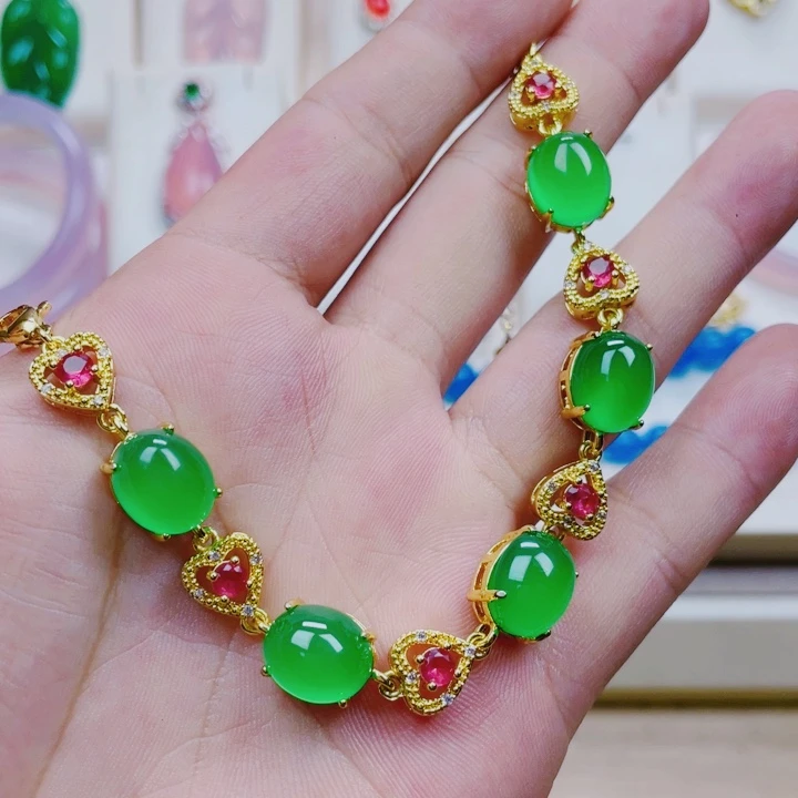 玛瑙/玉髓手链合金绿色爱心手链