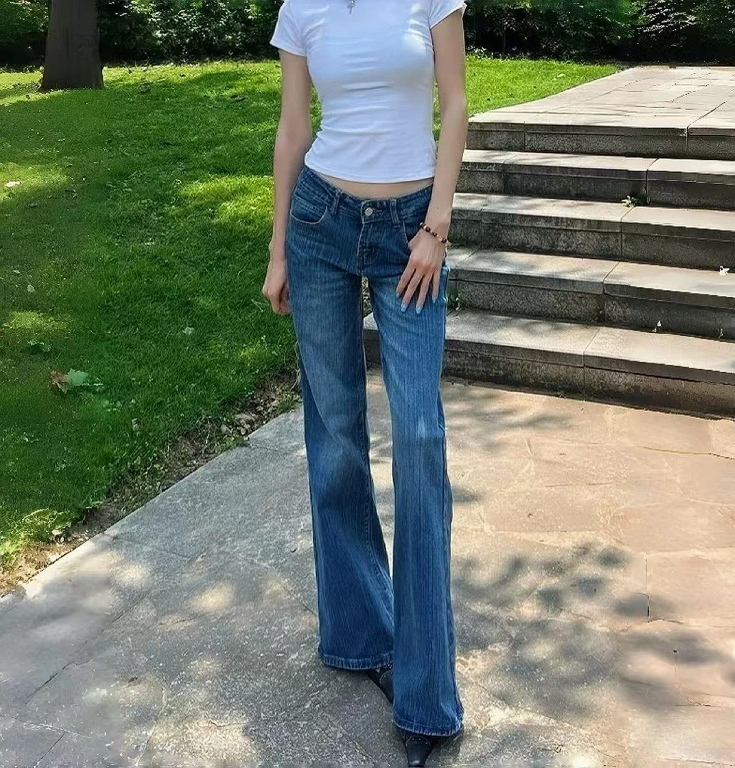 美式纯欲慵懒风微喇牛仔裤女秋季低腰显瘦不贴腿直筒显瘦牛仔裤子