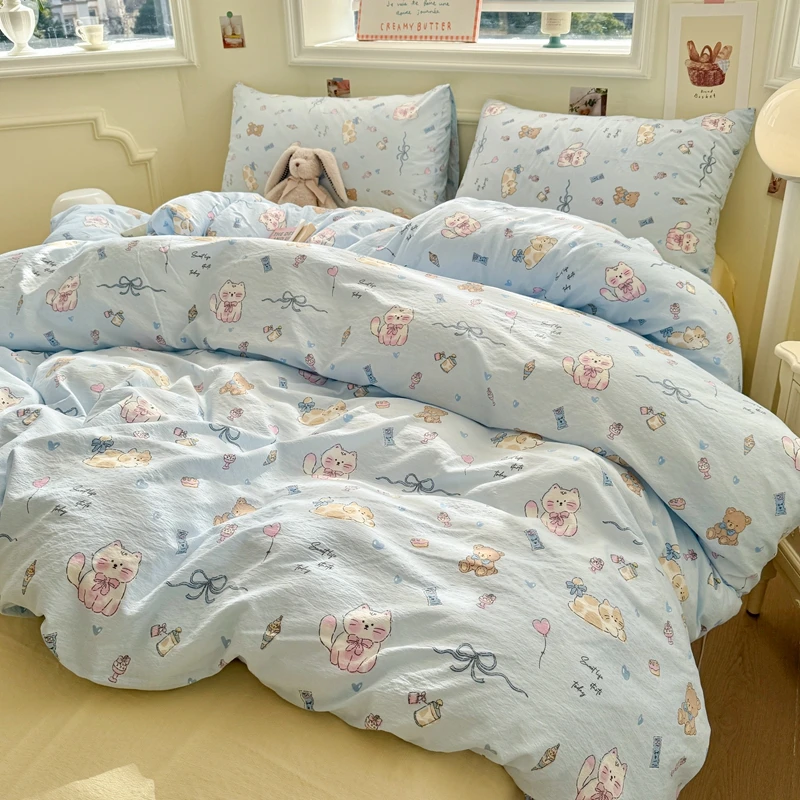 韩版小清新超柔软云朵棉水洗双层纱被套款四件套春夏新款被罩学生