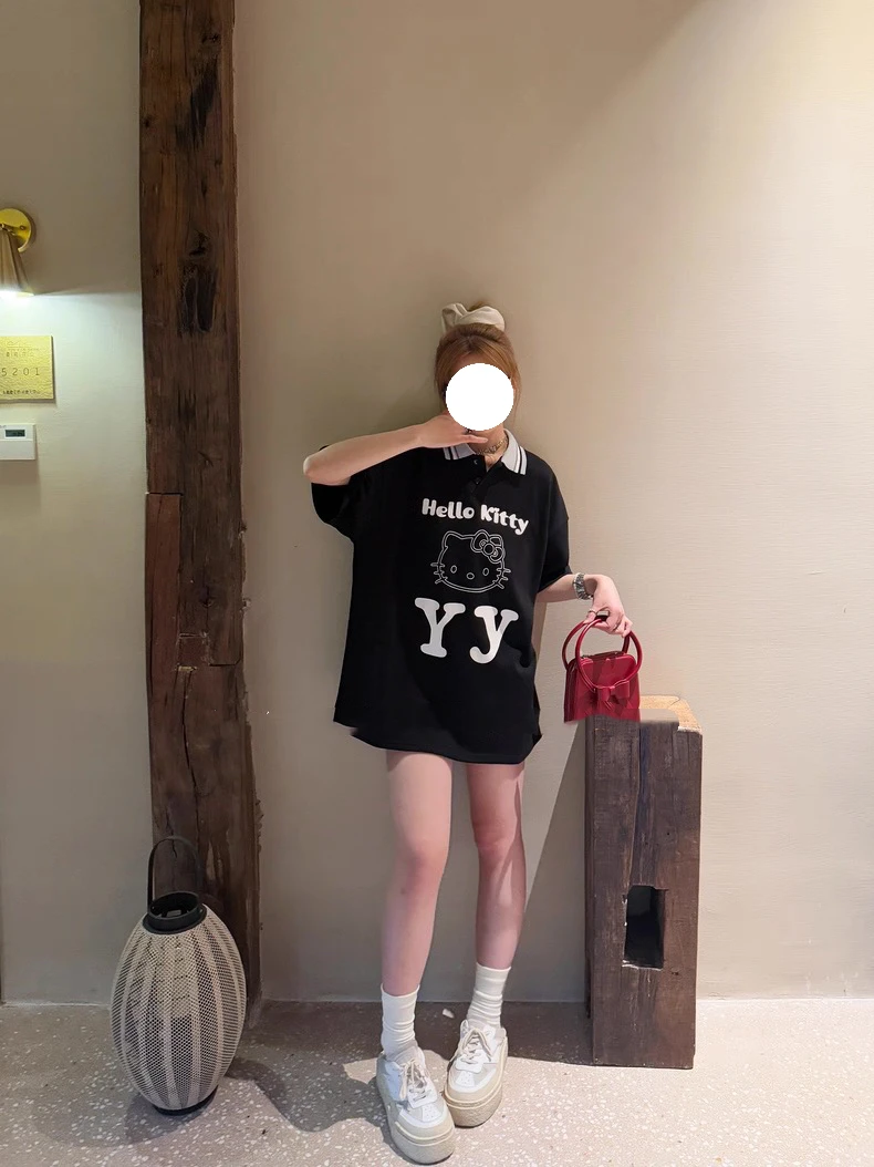 虞书同HelloKitty显瘦印花polo翻领宽松短袖T恤