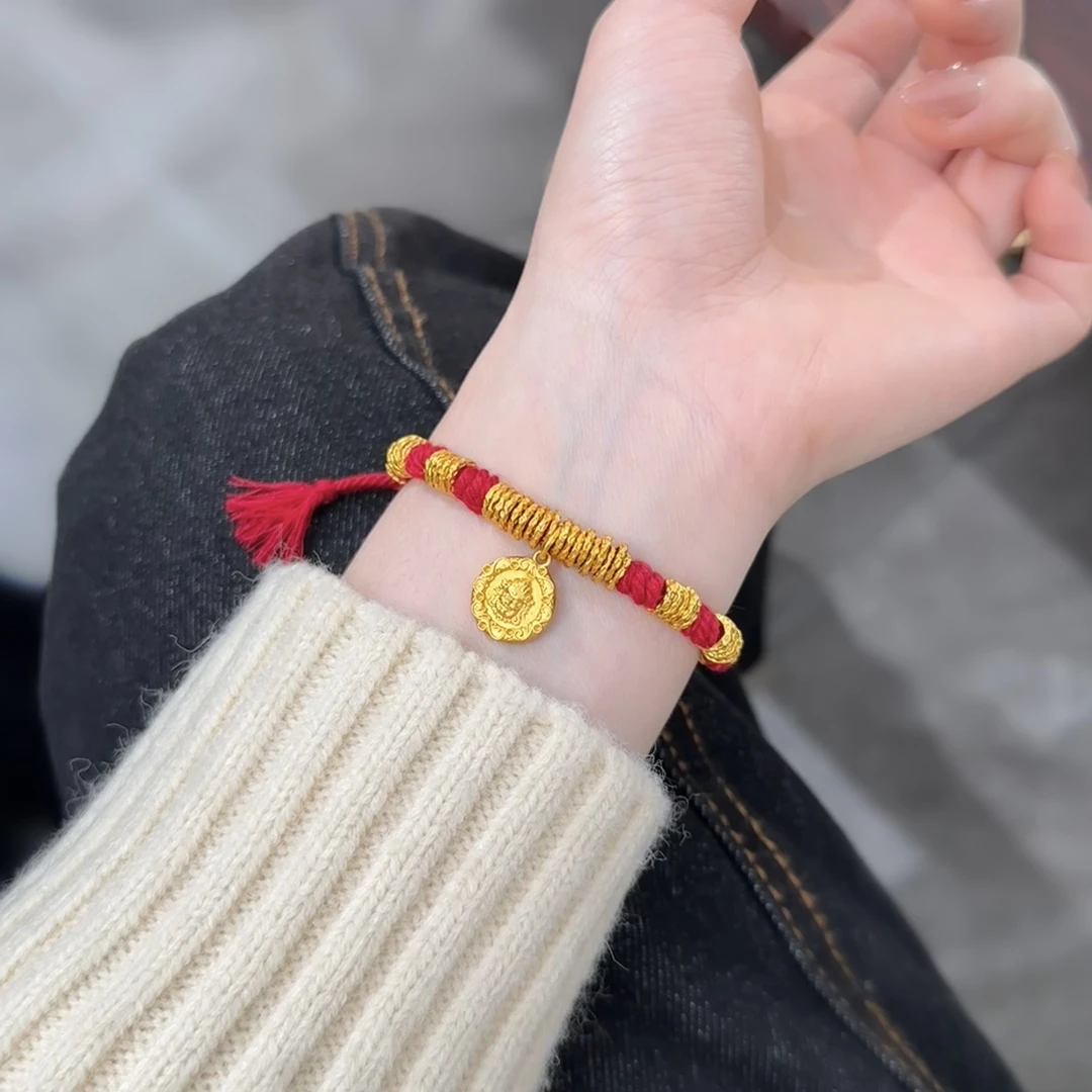 铜合金手链 春夏新款新中式国风藏系红色花丝纹黄财神盘缠手编绳