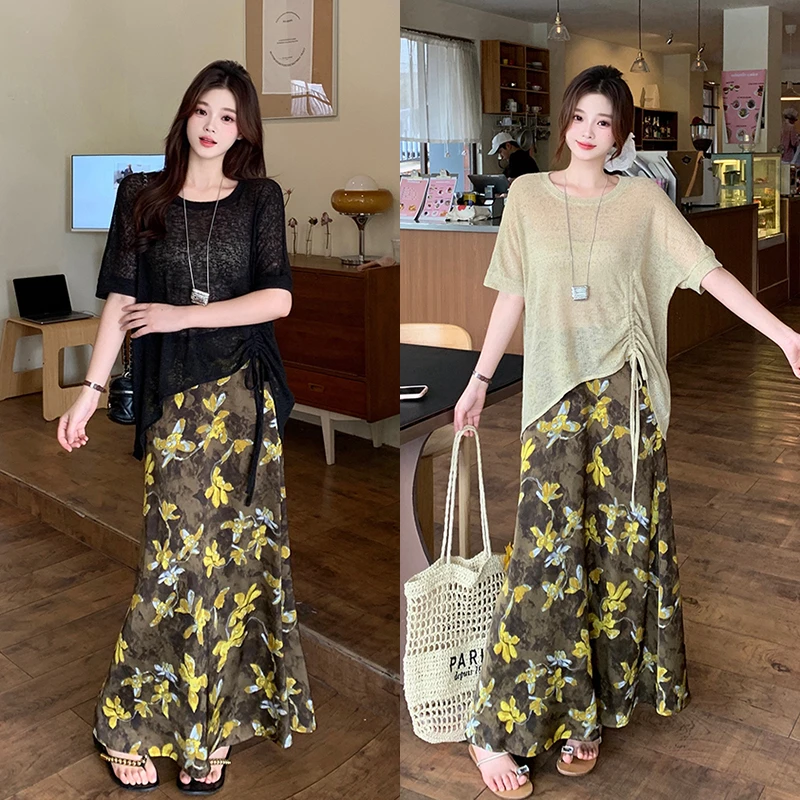 胖mm大码女冰丝针织上衣印花半身裙套装A1477上衣+21846半身裙