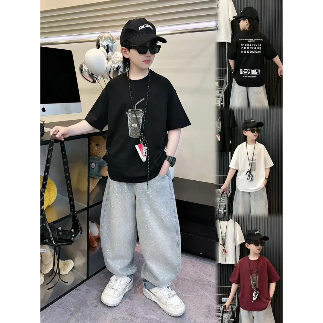 蛋蛋家【亮钻可乐】夏款时尚街头男童白色亮钻可乐短袖T恤