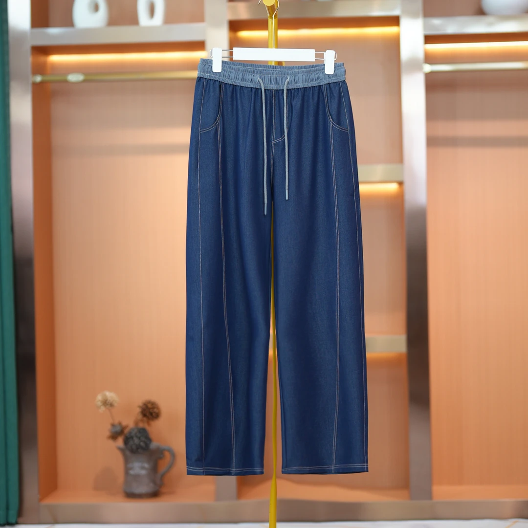 大码妈妈装拼接腰牛仔长裤子宽松2025春夏款中老年洋气休闲牛仔裤