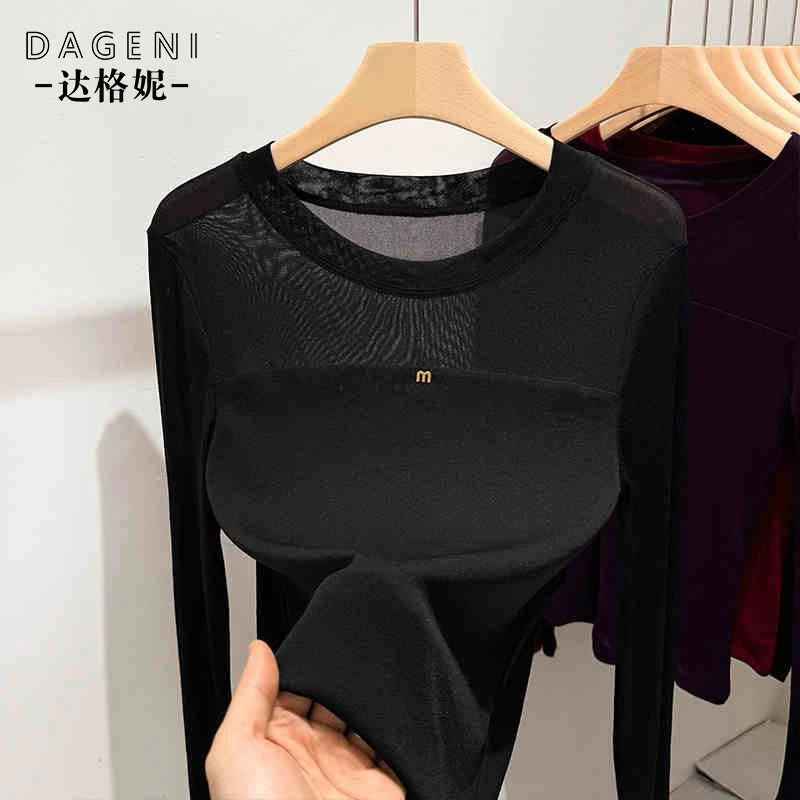 圆领网纱打底衫女春秋新款薄款正肩长袖t恤内搭修身减龄妈妈上衣