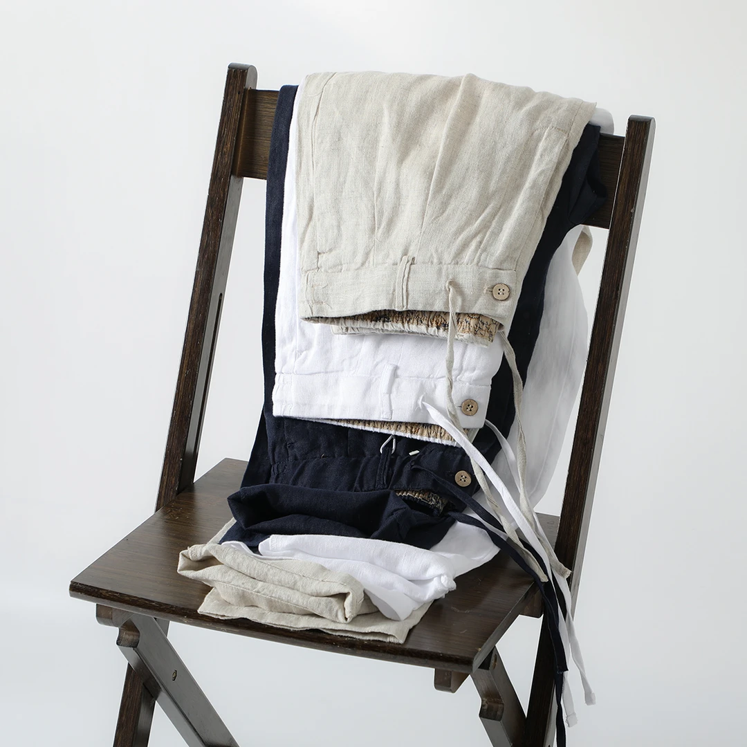 100亚麻新款夏季男士直筒透气复古纯色高端亚麻夏季休闲宽松长裤