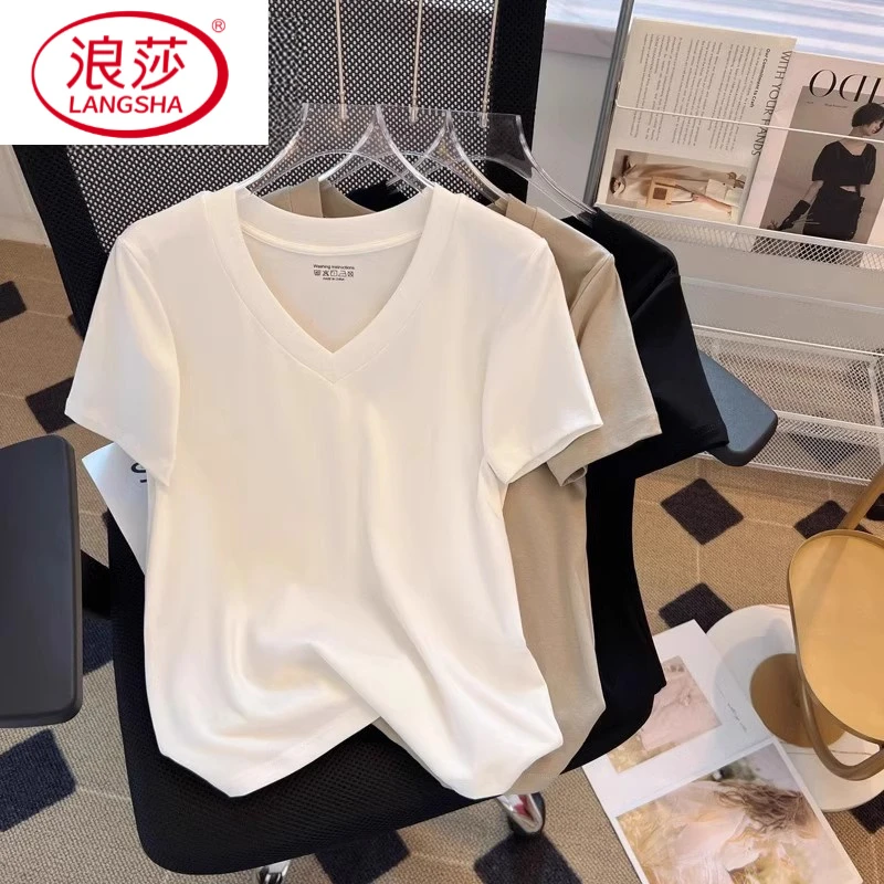 浪莎白色v领宽松正肩短袖T恤女夏季修身大领口设计感显瘦