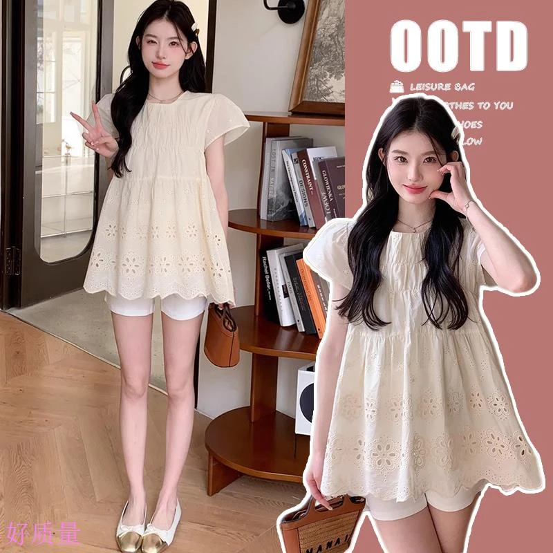 孕妇夏装产检套装时尚洋气时髦2025新款夏天短袖绣花上衣夏季薄款