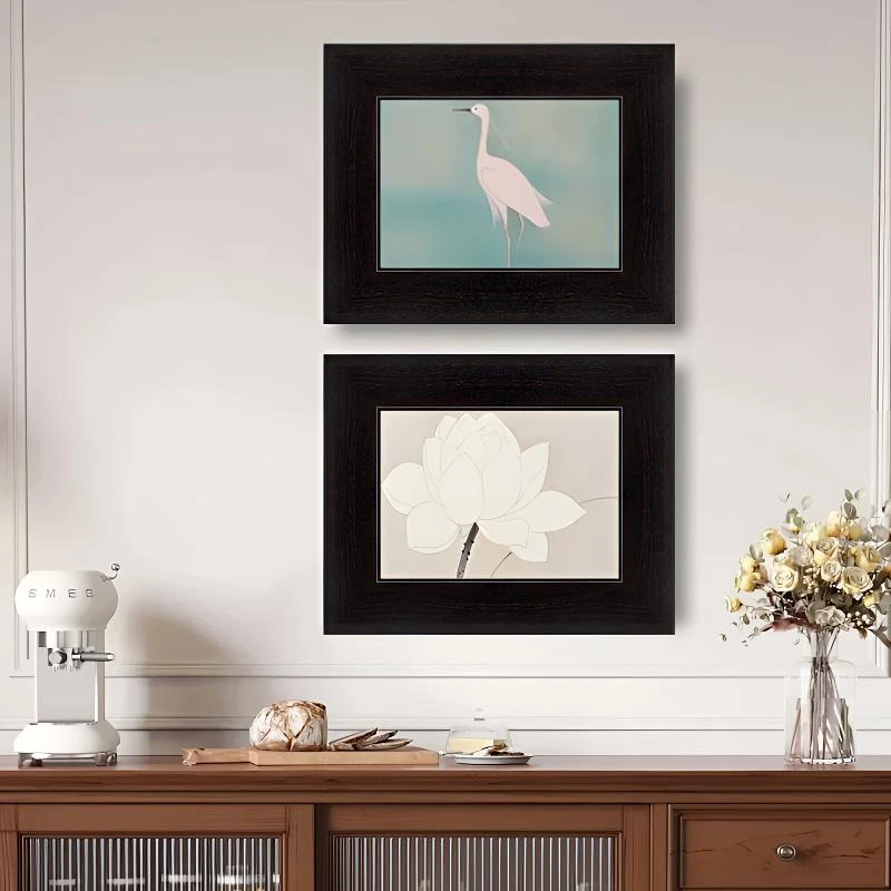 一鹭莲升轻法式客厅沙发背景墙餐厅装饰画中古风卧室餐厅挂画联画