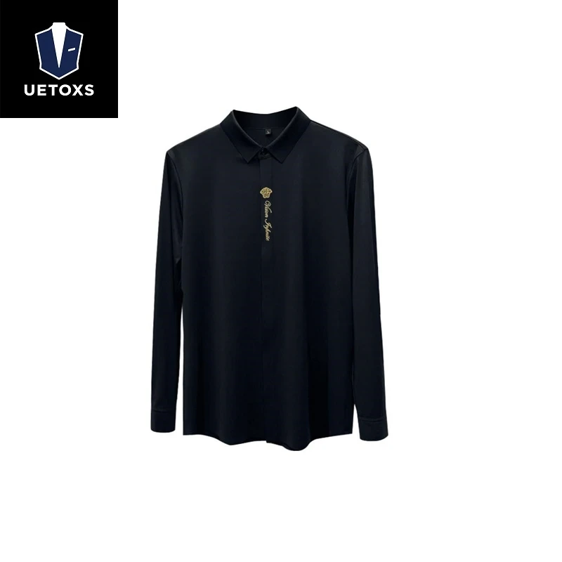 高端时尚秋季商务休闲暗扣长袖衬衫男款免烫抗皱修身字母西装衬衣