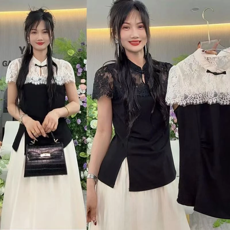 雅希定制~【锦绣华章】2568国风蕾丝轻奢拼接短袖新中式洋气上衣