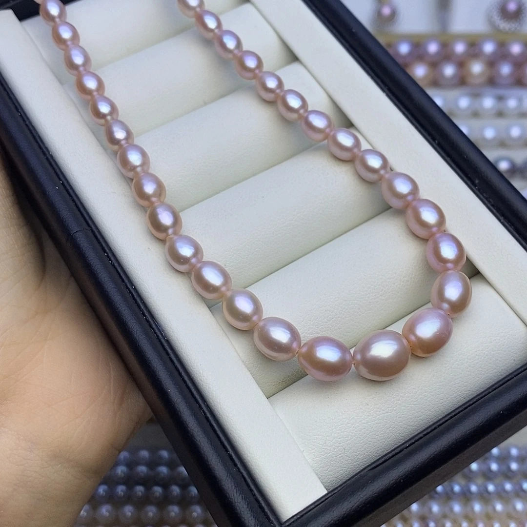 淡水珍珠银S925镶嵌项链无核 4-9m樱花粉