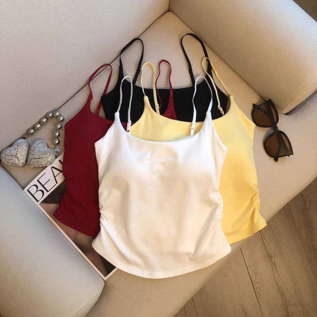 黄色白色背心女可外穿夏纯欲风褶皱磨毛打底修身多色内搭吊带