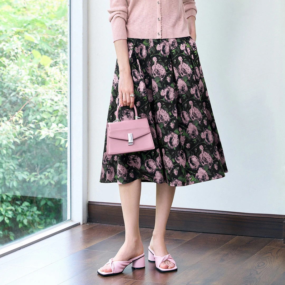 颜域文艺复古印花遮肉显瘦半身裙女2025春中长裙