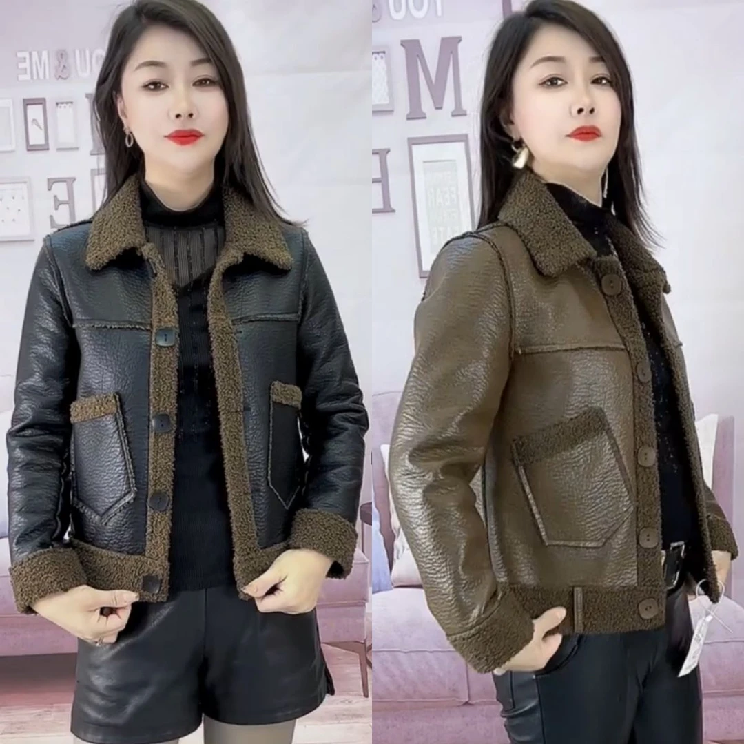 海宁秋冬新款加绒加厚网红PU皮夹克仿羊羔毛皮毛一体两面服外套女