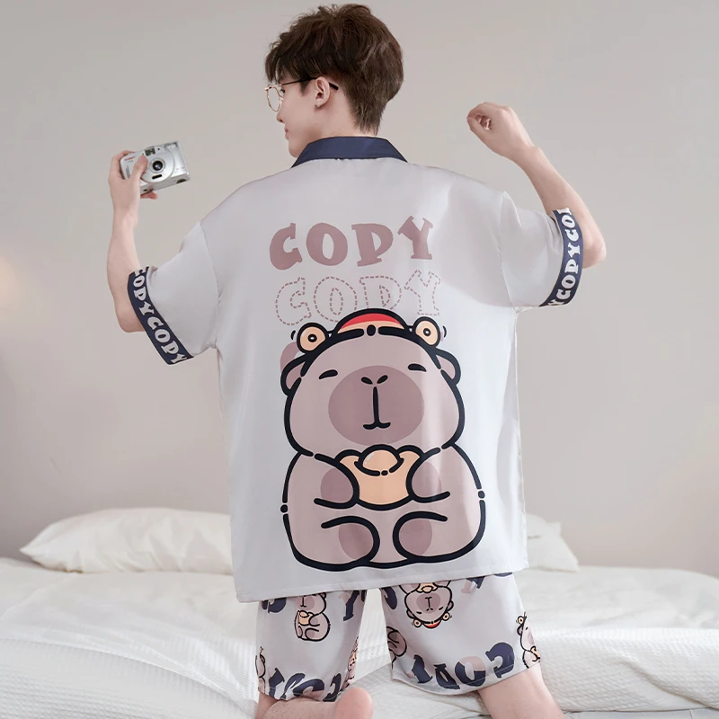 冰丝睡衣男夏季短袖薄款卡通青少年学生夏天男士可外穿家居服套装