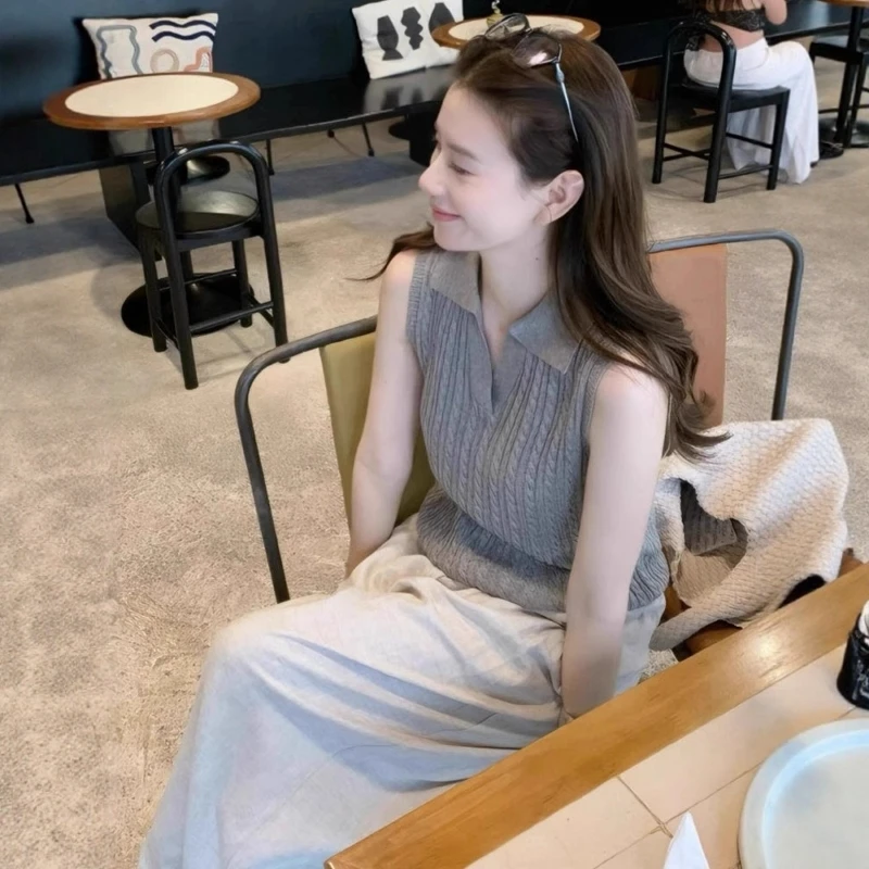 韩系高级感灰色麻花针织冰丝polo领背心女夏季超好看绝美无袖上衣