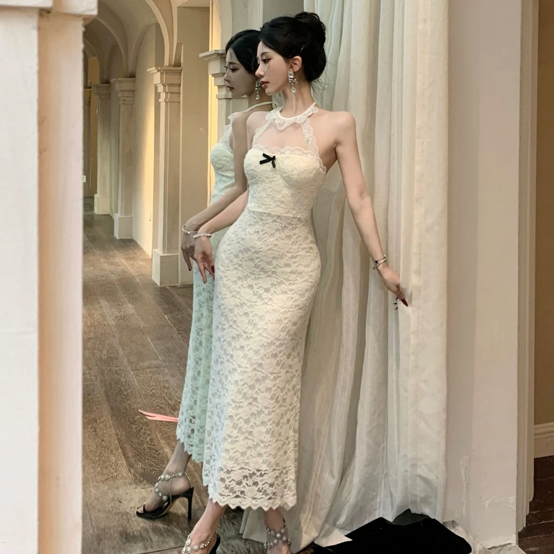 法式气质名媛优雅轻熟风包臀长裙时尚性感纯欲修身别致蕾丝连衣裙