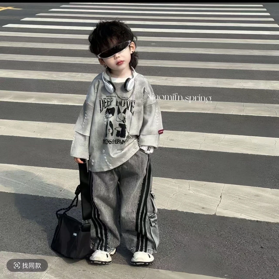 男童春季洋气套装2025男童套装春秋拉条牛仔裤超酷洋气扎染长袖潮
