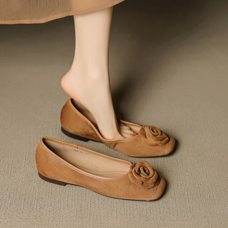 【跟高1CM】羊羊羊/花朵方头棕色浅口粗跟懒人鞋平底女单鞋