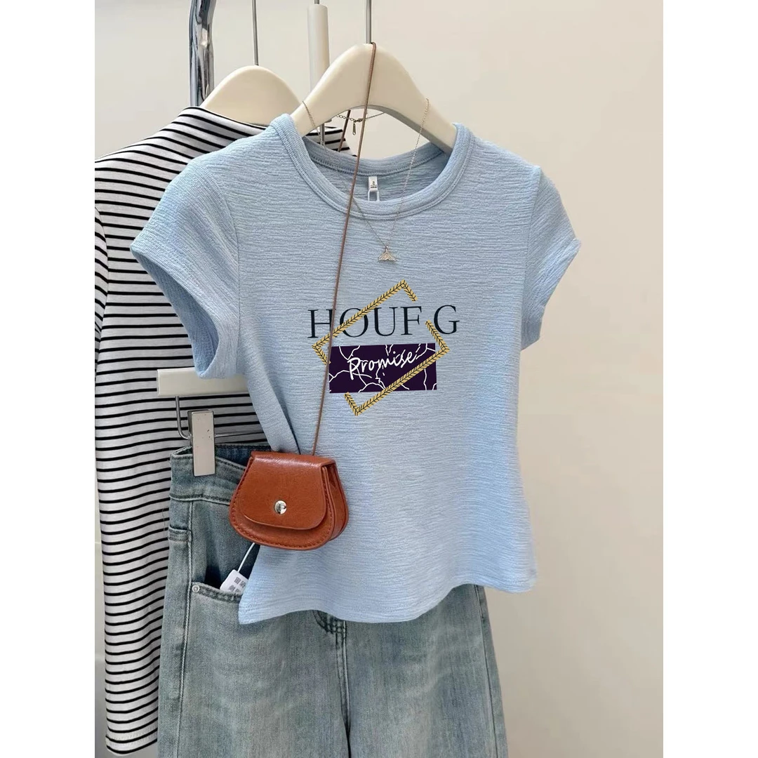 竹节棉天蓝色短款T恤女短袖夏季设计感百搭2025新款休闲圆领上衣