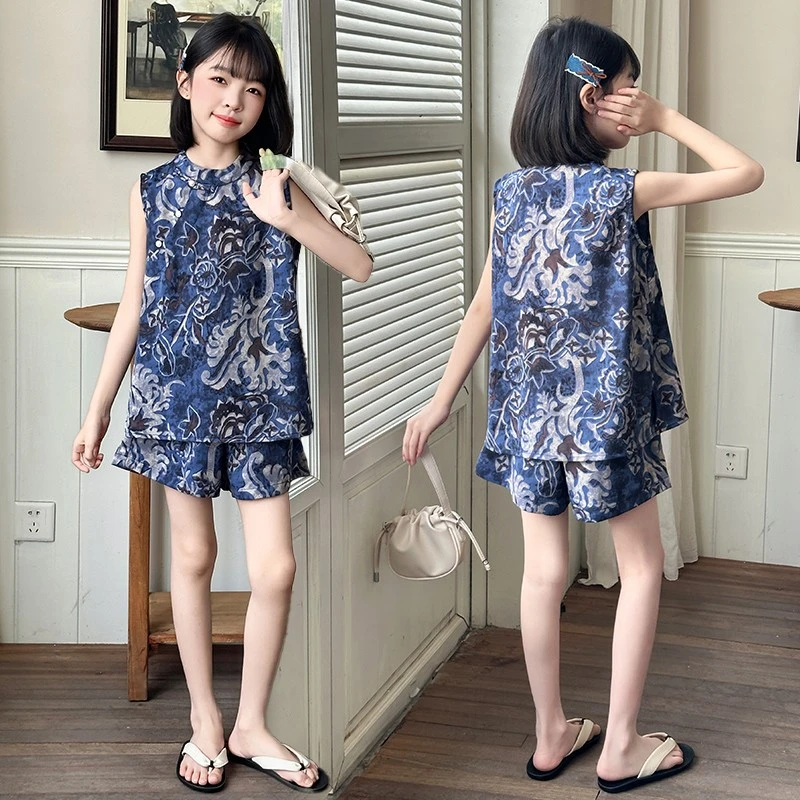 女童套装夏季2025款儿童中国风碎花无袖上衣中大童夏款短裤两件套