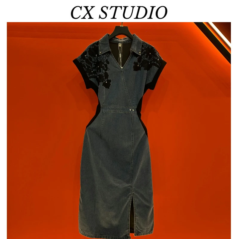 韩系衬衫领收腰显瘦牛仔连衣裙设计感拼接蕾丝中长款裙子女S9107