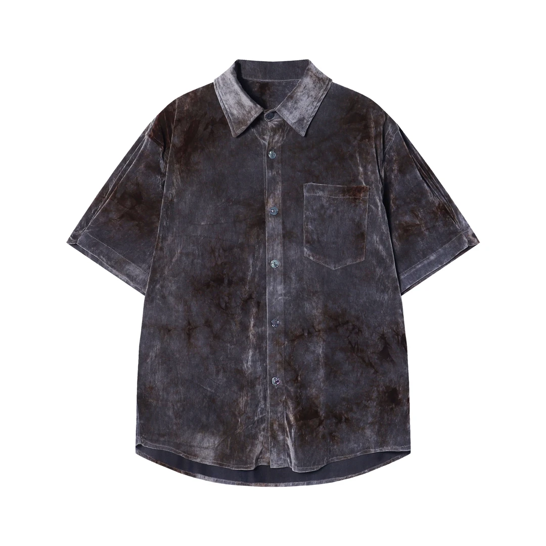 CS119绒面复古铁锈印花男士衬衫百搭潮流休闲上衣宽松小众短袖