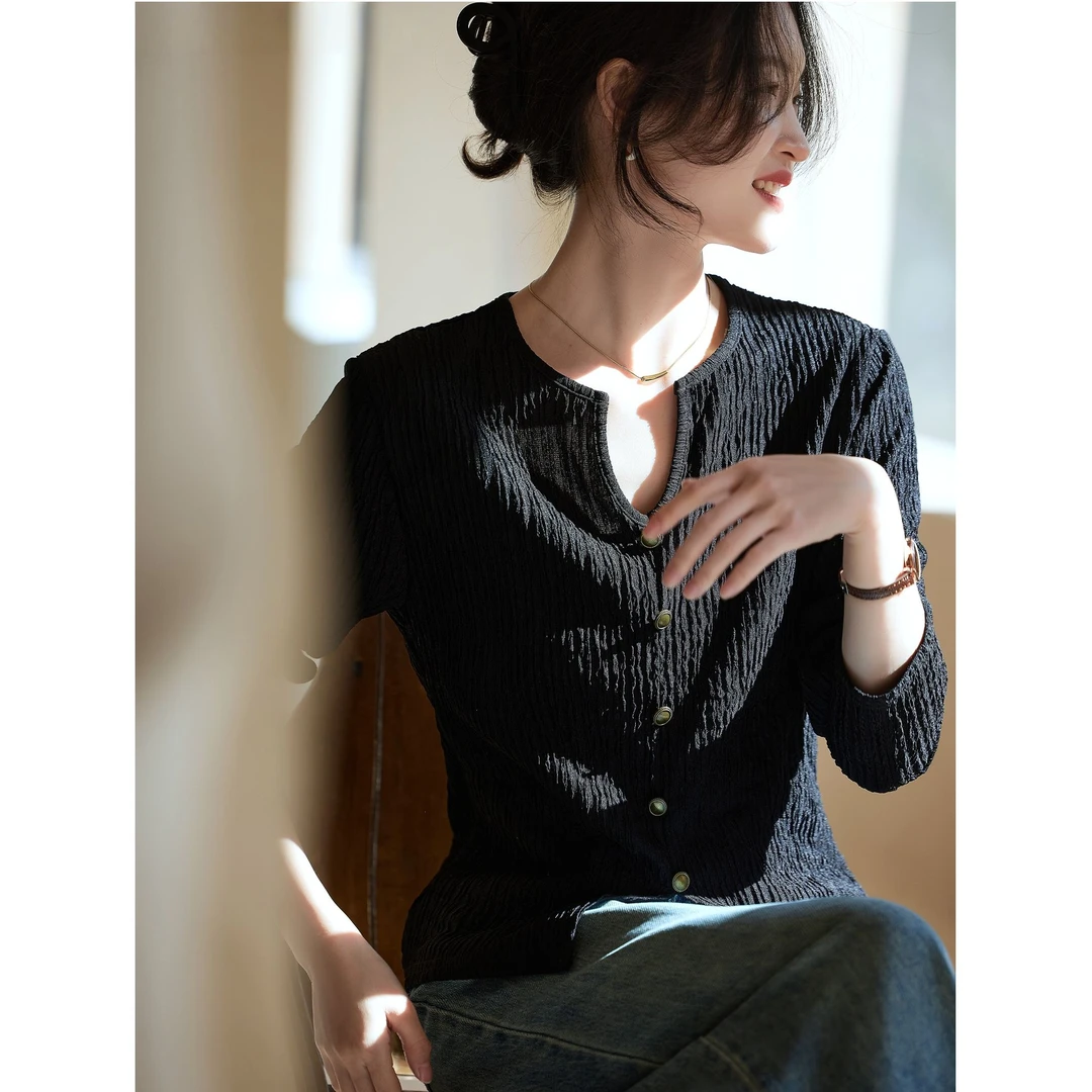 欧货黑色V领高级肌理感针织衫女装2025秋冬新款百搭开叉长袖T恤