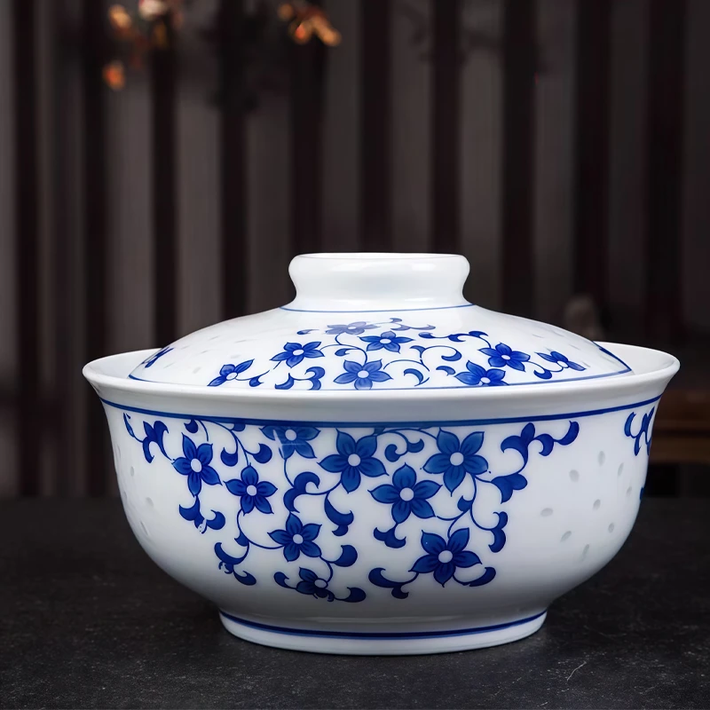 7英寸釉下彩汤碗泡面碗青花瓷玲珑带盖装菜碗中式景德镇陶瓷餐具